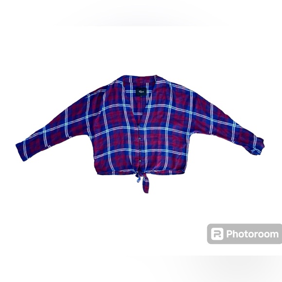Rails Tops - Rails Cropped Tie-Up Red, Blue and White Plaid Pattern V-Neck Button-Up Flannel